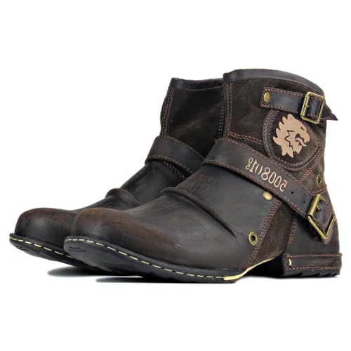 Brown Leather Moto Boots with Zipper-up for Men