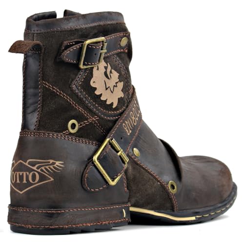 Brown Leather Moto Boots with Zipper-up for Men