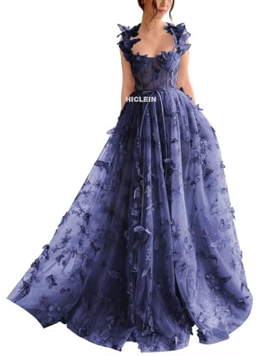 Hiclein Stormy Blue Lace Prom Ball Gown