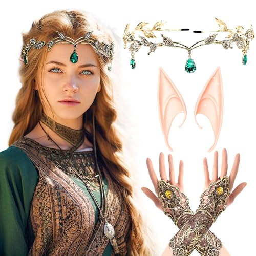 Renaissance Elf Costume with Lace Gloves and Headpiece