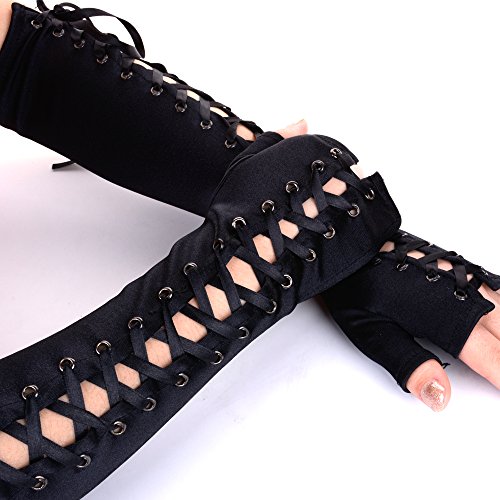 Lace Up Arm Warmer Satin Gloves Black