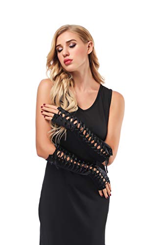 Lace Up Arm Warmer Satin Gloves Black
