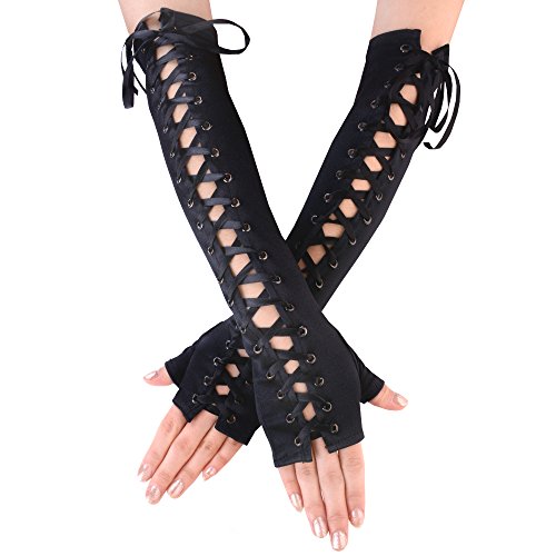 Lace Up Arm Warmer Satin Gloves Black