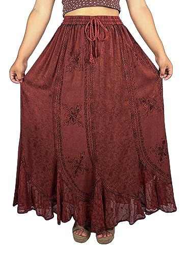 Burgundy Embroidered Lace Hem Maxi Skirt - L/XL