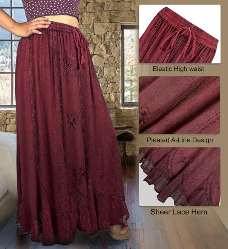 Burgundy Embroidered Lace Hem Maxi Skirt - L/XL