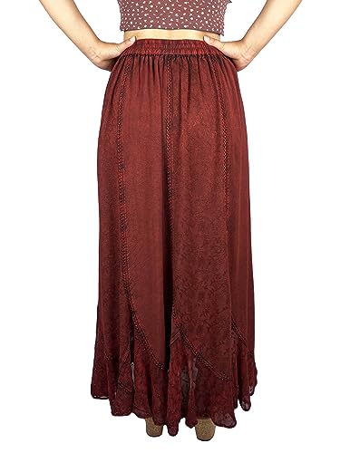 Burgundy Embroidered Lace Hem Maxi Skirt - L/XL