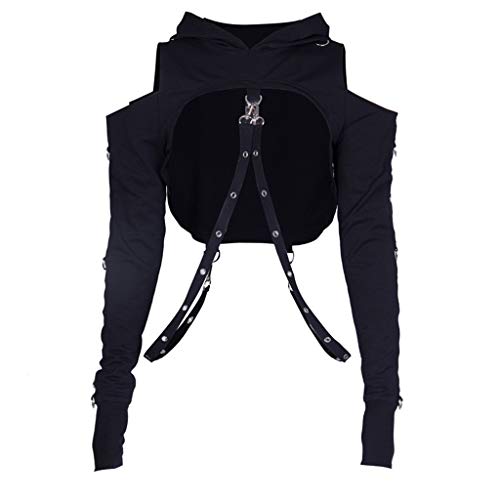 Gothic Goddess Hooded Crop Top Punk Blouse Black