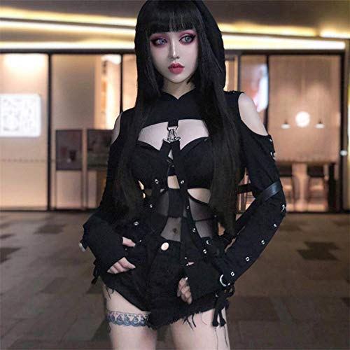 Gothic Goddess Hooded Crop Top Punk Blouse Black