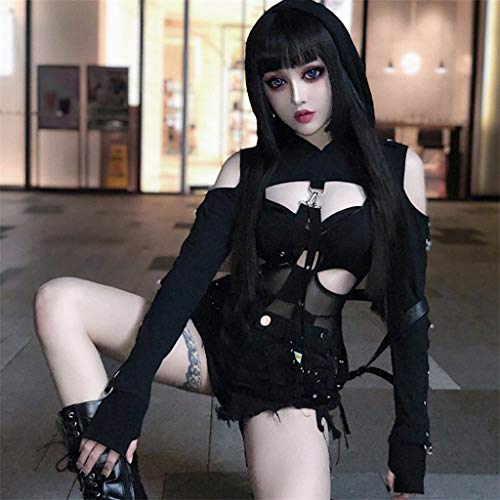 Gothic Goddess Hooded Crop Top Punk Blouse Black