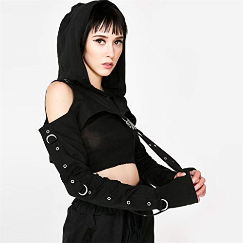 Gothic Goddess Hooded Crop Top Punk Blouse Black