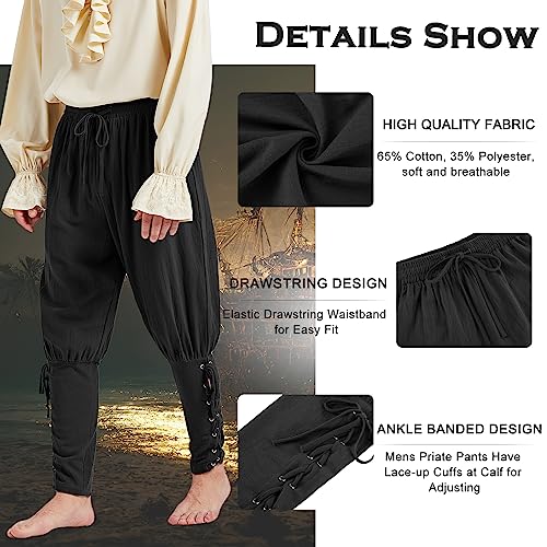 Men's Black Pirate Renaissance Drawstring Pants Large