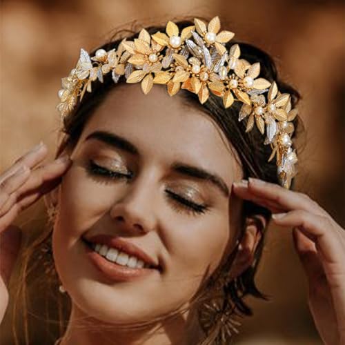 Gold Leaf Headband Goddess Headdress with Pearl