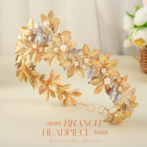 Gold Leaf Headband Goddess Headdress with Pearl
