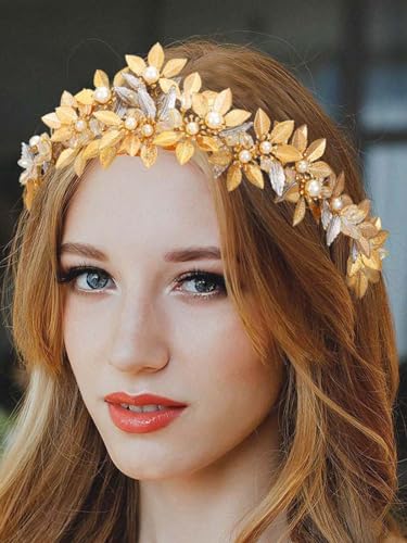Gold Leaf Headband Goddess Headdress with Pearl