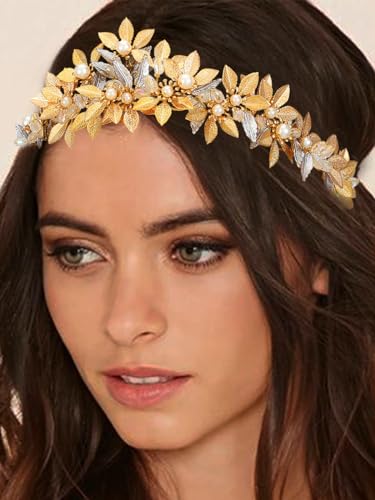 Gold Leaf Headband Goddess Headdress with Pearl