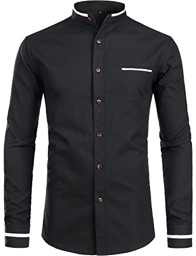 Men's Mandarin Collar Button Down Shirt - Black