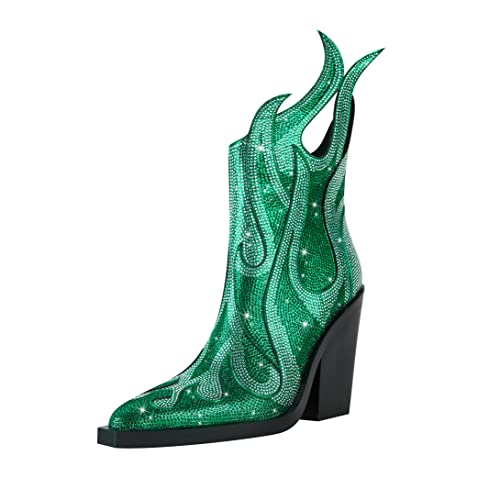 Green Rhinestone Flame Block Heeled Boots