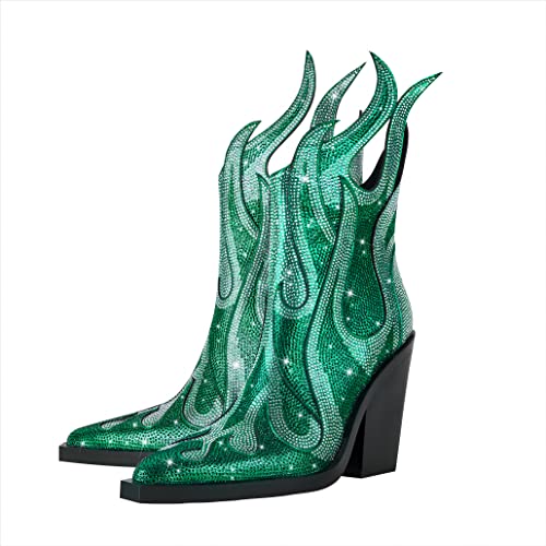 Green Rhinestone Flame Block Heeled Boots