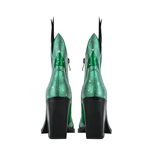 Green Rhinestone Flame Block Heeled Boots