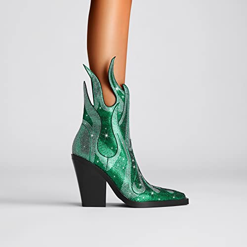 Green Rhinestone Flame Block Heeled Boots