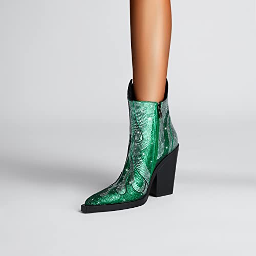 Green Rhinestone Flame Block Heeled Boots