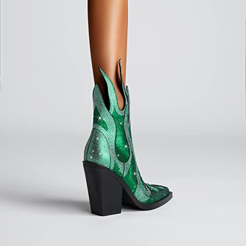 Green Rhinestone Flame Block Heeled Boots