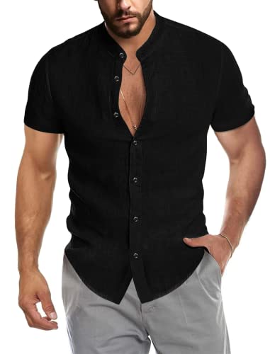 Black Linen Banded Collar Button Up Shirt