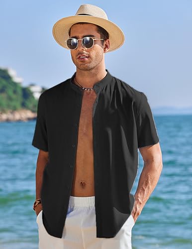 Black Linen Banded Collar Button Up Shirt