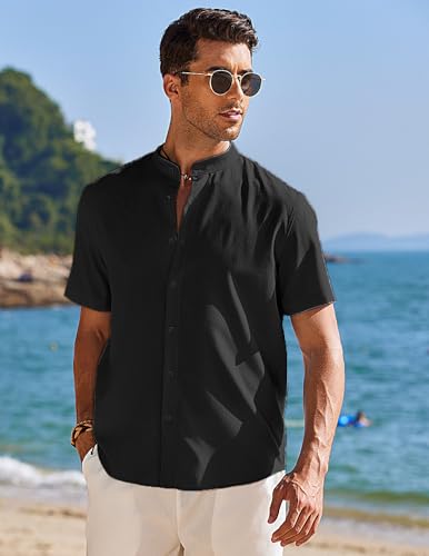 Black Linen Banded Collar Button Up Shirt