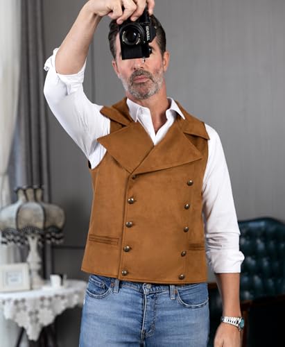 Mens Double Breasted Leather Waistcoat Wedding Vest