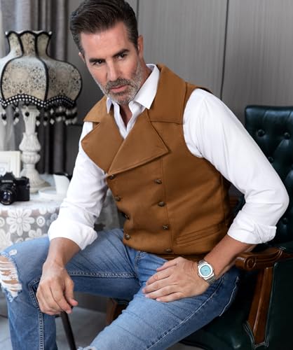 Mens Double Breasted Leather Waistcoat Wedding Vest
