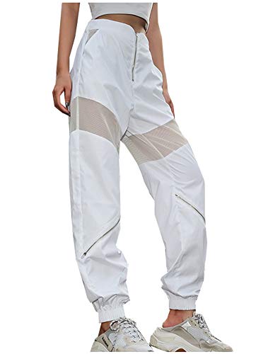High Waist Mesh Patchwork Jogger Pants - White