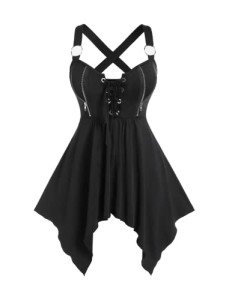 Black Lace Up Handkerchief Tank Top for Plus Size