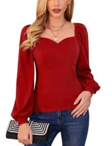 Vintage Square Collar Red Bishop Sleeve Blouse