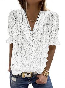 Boho Lace V Neck Blouse for Women, White