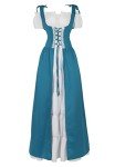 Renaissance Pirate Witch Goddess Dress White+Lake Blue-XL