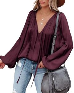 LAMISSCHE Deep V-Neck Chiffon Blouse with Lantern Sleeves