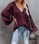 LAMISSCHE Deep V-Neck Chiffon Blouse with Lantern Sleeves
