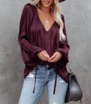 LAMISSCHE Deep V-Neck Chiffon Blouse with Lantern Sleeves