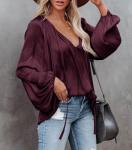 LAMISSCHE Deep V-Neck Chiffon Blouse with Lantern Sleeves