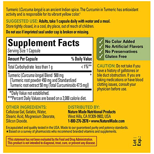 Nature Made Turmeric Curcumin 500mg Antioxidant Support Supplement