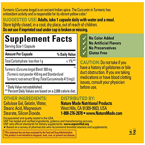 Nature Made Turmeric Curcumin 500 mg Capsules for Antioxidant
