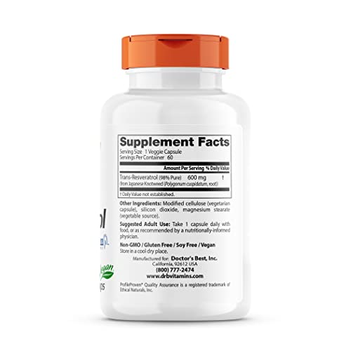 Trans-Resveratrol 600mg Capsules, Doctor's BEST, Non-GMO, Vegan