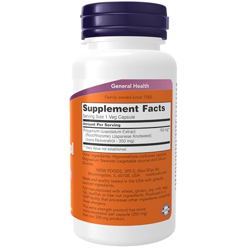NOW Supplements Resveratrol 350mg, Natural Trans Resveratrol 60 capsules
