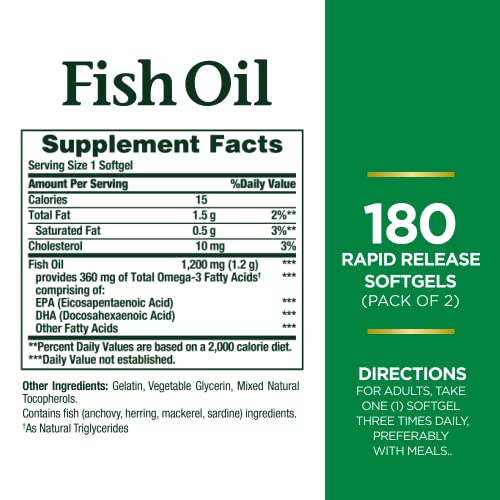 Nature’s Bounty Fish Oil 1200 mg, Heart Health, Omega 3 EPA & DHA, 360 Softgels Twin Pack