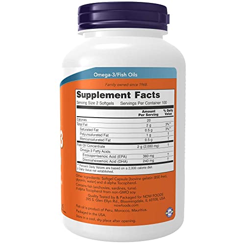 NOW Omega-3 EPA/DHA Capsules, Heart Health, 200 Count