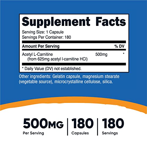 Acetyl L-Carnitine 500mg - 180 Capsules - Non-GMO