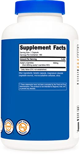 Acetyl L-Carnitine 500mg - 180 Capsules - Non-GMO