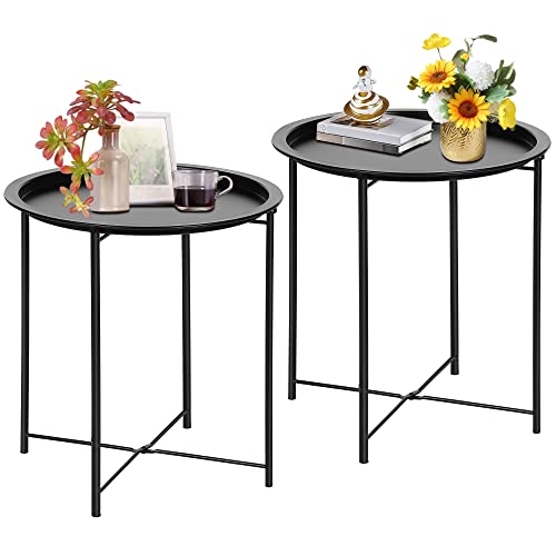 VECELO Round Metal Side Table Set, Black