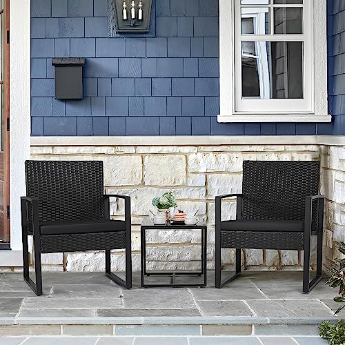 Flamaker 3-Piece Wicker Patio Conversation Set (Black)